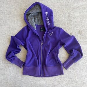 Y2K Women's American Eagle Zip-Up Hoodie, Purple, Ribbed Cuffs and Hem